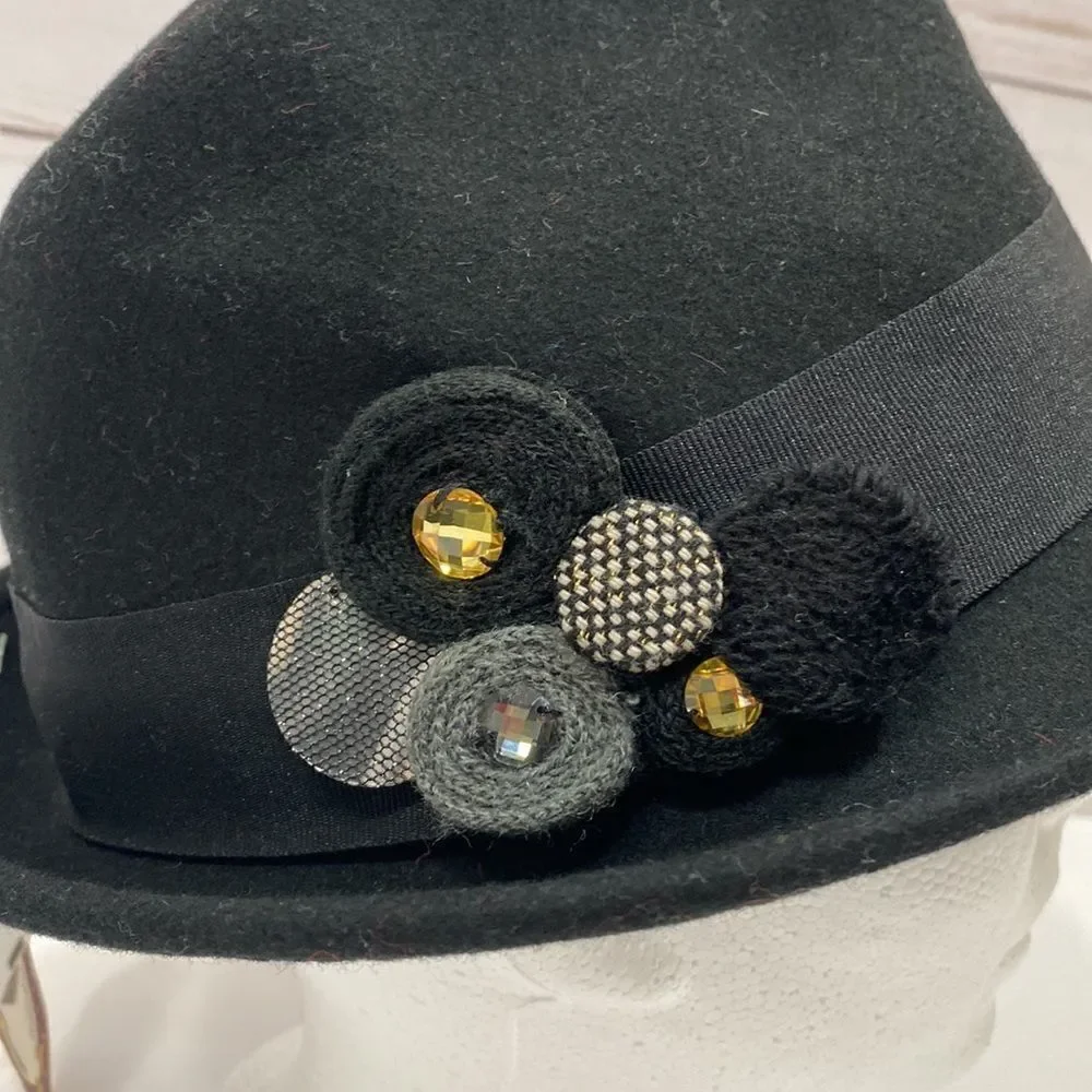 Scala Collezione Black 100% Wool Floral Detail Hat